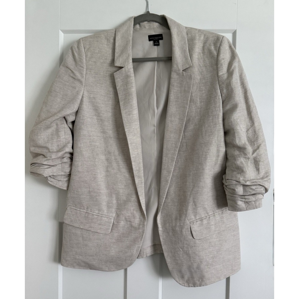 Ann Taylor Factory Linen Blend Blazer 10 Cream Ruched Sleeve Jacket Workwear
